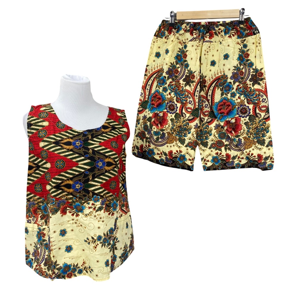 Batik By Rommel Womens‎ XL 2 Piece Set Floral Sleeveless Top Shorts Red L Ethnic